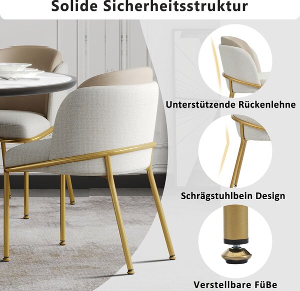 Sada 6 ergonomických jídelních židlí, s nakloněnými nohami, nastavitelnými nožičkami, polstrovaných, vhodných do kuchyně, rozměry 55x55x85 cm, barva béžová