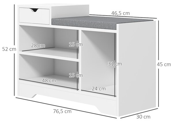 HOMCOM Botníková lavice, úložná lavice, 1 zásuvka a 3 přihrádky, nábytek do předsíně s polstrovaným sedákem, pro chodbu, předsíň, ložnici, 76,5 x 30 x