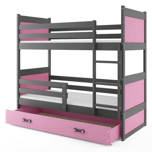 Patrová postel 80 x 160 cm Ronnie B (grafit + růžová) (s rošty, matracemi a úl. prostorem). Vlastní profesionální přeprava až k Vám domů 1056593