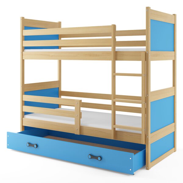 Patrová postel 80 x 160 cm Ronnie B (borovice + modrá) (s rošty, matracemi a úl. prostorem). Vlastní profesionální přeprava až k Vám domů 1056597
