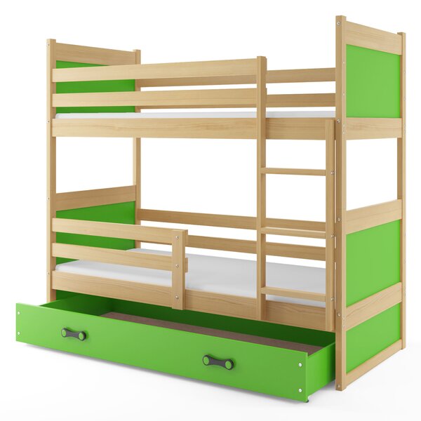 Patrová postel 80 x 160 cm Ronnie B (borovice + zelená) (s rošty, matracemi a úl. prostorem). 1056599