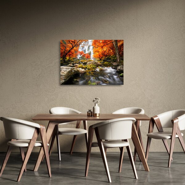 Skleněný obraz - Vodopády v podzimní krajině, oranžový (70x50 cm)