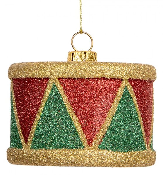 Červeno-zlatá vánoční ozdoba třpytivý bubínek – 7x5 cm