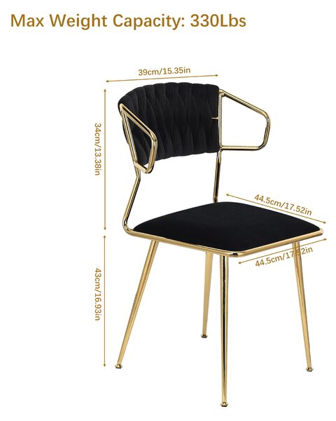 Sada 2 jídelních židlí, látkové a kovové područky, proutěné opěradlo, zlaté nohy, černé sametové čalounění, elegantní moderní design
