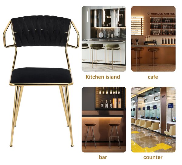 Sada 2 jídelních židlí, látkové a kovové područky, proutěné opěradlo, zlaté nohy, černé sametové čalounění, elegantní moderní design
