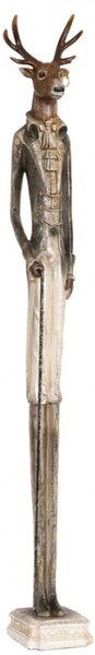 Vysoká socha jelena s hůlkou v šedém kabátu – 92 cm
