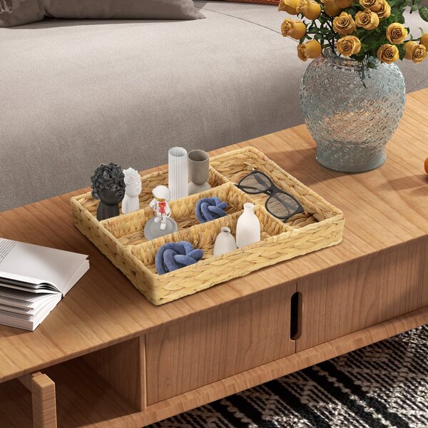 HOMCOM Obdélníkový Úložný Koš, Woven Storage Basket z Vodního Hyacintu s 4 Odděleními, Úložný Koš pro Kuchyni, Koupelnu, Ložnici, Přírodní | Aosom