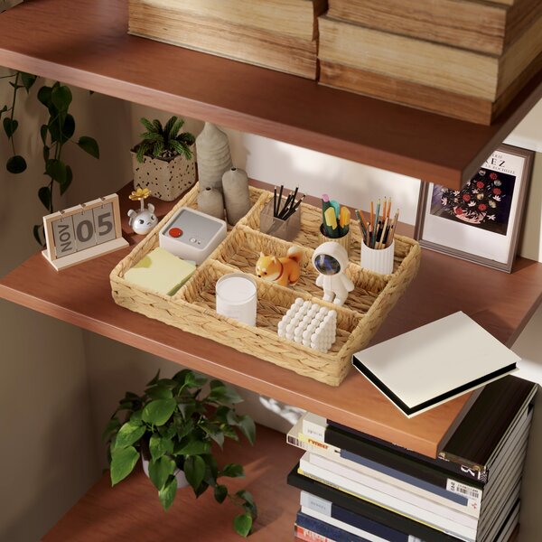 HOMCOM Obdélníkový Úložný Koš, Woven Storage Basket z Vodního Hyacintu s 4 Odděleními, Úložný Koš pro Kuchyni, Koupelnu, Ložnici, Přírodní | Aosom