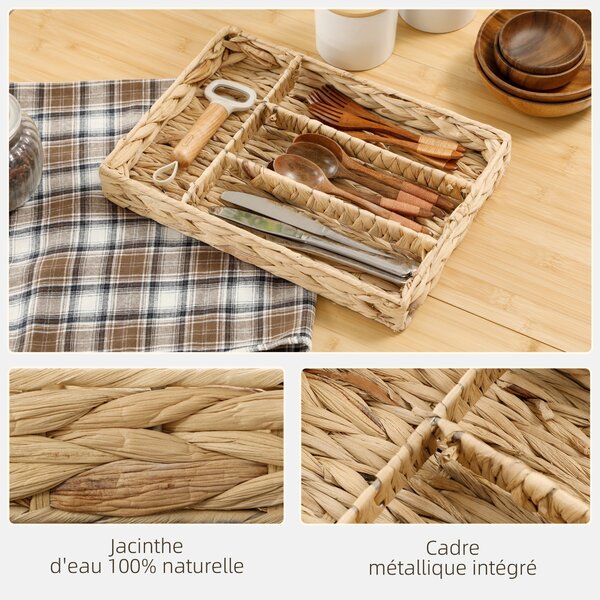 HOMCOM Obdélníkový Úložný Koš, Woven Storage Basket z Vodního Hyacintu s 4 Odděleními, Úložný Koš pro Kuchyni, Koupelnu, Ložnici, Přírodní | Aosom
