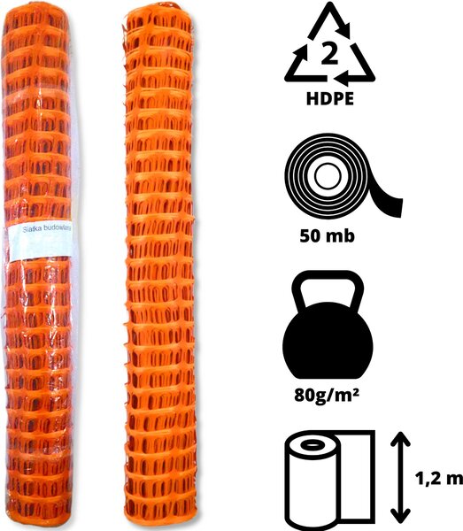 Stavební plot Výstražná síť Oranžová 1,2 m x 50 m – 80 g/m² – Plastový plot a síť pro staveniště – Záchytný plot HDPE – Bezpečnostní síť