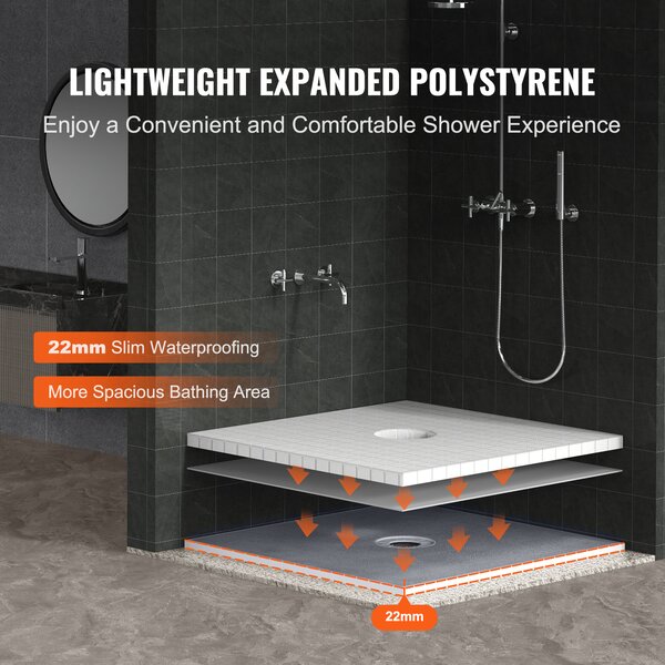 SucceBuy Sada sprchových prahů 914 x 914 mm, lehká sada sprchových vaniček z EPS se středovým odtokem 160 mm, včetně 2 nepromokavých utěrek pro instalaci v koupelně