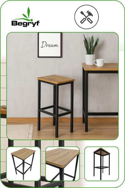 BEGRYF barová stolička sada 2 kusů - kuchyňská stolička vysoká 65 cm, obdélníkový sedák vzhled dřeva, černý kovový rám, průmyslový design