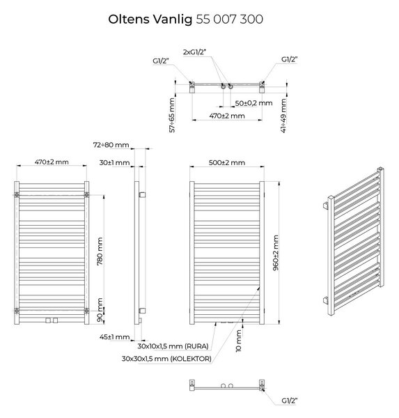 Oltens Vanlig koupelnový radiátor žebříkový 96x50 cm černá mat 55007300