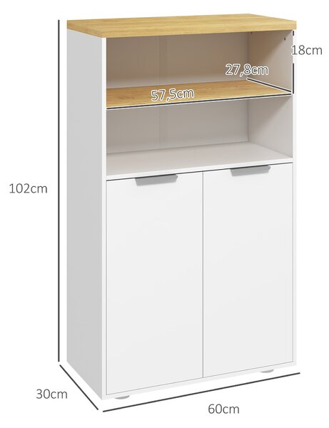 Kleankin Koupelnová skříňka se 2 dveřmi a 2 otevřenými policemi rozměry 60Š x 30H x 102V cm, bílá a přírodní | Aosom