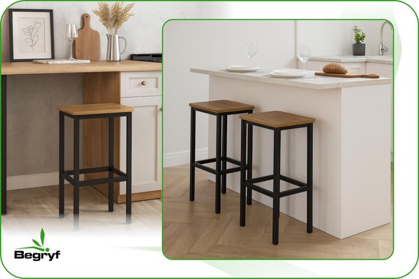 BEGRYF barová stolička sada 2 kusů - kuchyňská stolička vysoká 65 cm, obdélníkový sedák vzhled dřeva, černý kovový rám, průmyslový design