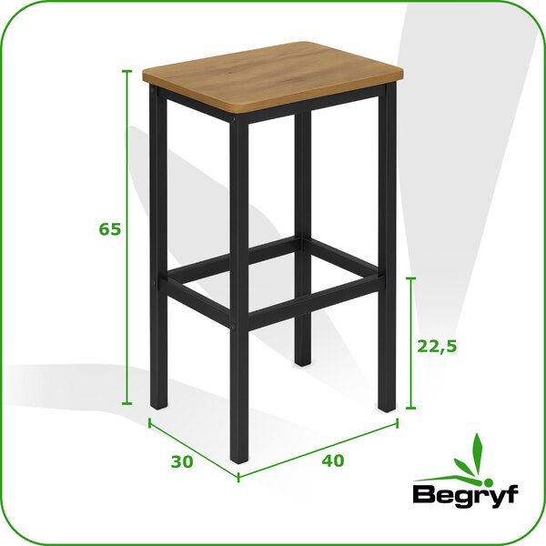 BEGRYF barová stolička sada 2 kusů - kuchyňská stolička vysoká 65 cm, obdélníkový sedák vzhled dřeva, černý kovový rám, průmyslový design