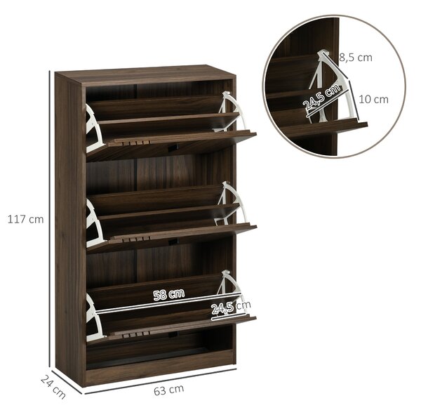 HOMCOM Skříň na boty se 3 dvířky, 18 párů, 3 oddělení, velká kapacita, 63 x 24 x 117 cm, Tmavý ořech | Aosom