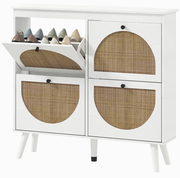 HOMCOM Skříň na boty s 4 skládacími dveřmi, 20 párů, s nastavitelnou policí, bohémský styl, solidní dřevěné nohy 105 x 24 x 97,5 cm Bílá | Aosom