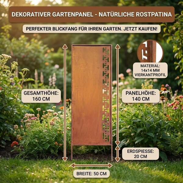 Zahradní dekorativní panel z oceli s patinou 160x50 cm s řeckým motivem, efekt corten