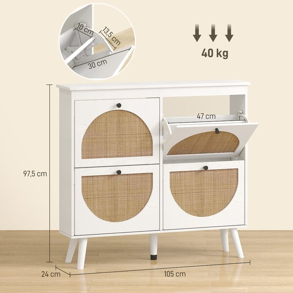 HOMCOM Skříň na boty s 4 skládacími dveřmi, 20 párů, s nastavitelnou policí, bohémský styl, solidní dřevěné nohy 105 x 24 x 97,5 cm Bílá | Aosom