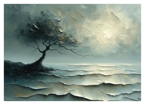 Skleněný obraz - Olejomalba stromu s oceánem (70x50 cm)