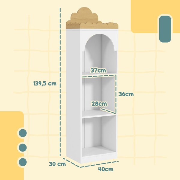 Dětská knihovna AIYAPLAY, regál na hračky, 3 úrovně, roztomilý design mraku, dětský úložný nábytek, úložný prostor na knihy, 40 x 30 x 139,5 cm, do lo