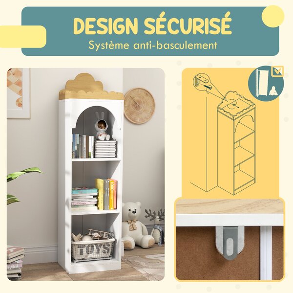 Dětská knihovna AIYAPLAY, regál na hračky, 3 úrovně, roztomilý design mraku, dětský úložný nábytek, úložný prostor na knihy, 40 x 30 x 139,5 cm, do lo