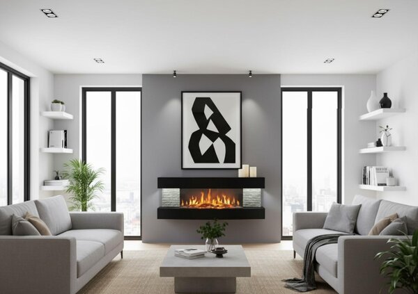 CHEMIN'ARTE - Elektrický nástěnný krb Lounge Black 120 cm LED efekt plamene, programovatelný ohřev, dálkové ovládání