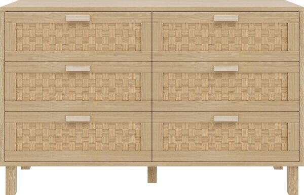 Sweiko Elegantní příborník a komoda z přírodního dřeva se šesti zásuvkami, skříň do ložnice s velkým úložným prostorem, zásuvky v ratanovém vzhledu