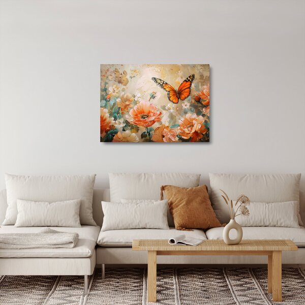Skleněný obraz - Motýl a květy, olejomalba (70x50 cm)
