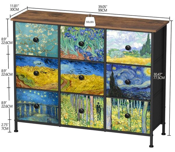 Komoda - Kovový rám - 9 zásuvek - 99 x 30 x 77,5 cm - Motiv Van Gogh