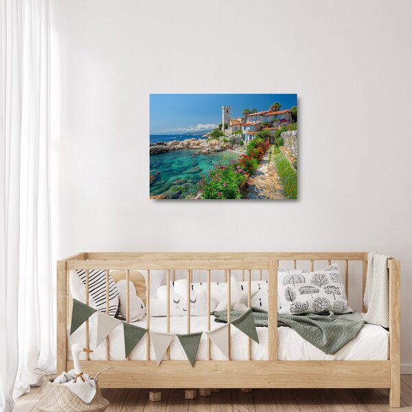 Skleněný obraz - Malebné pobřeží vesnice (70x50 cm)