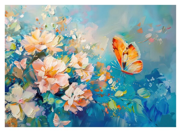 Skleněný obraz - Motýl a květy, olejomalba II. (70x50 cm)