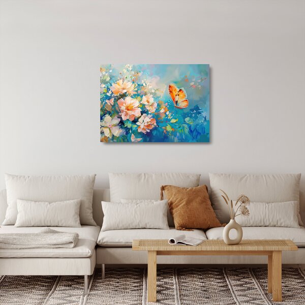 Skleněný obraz - Motýl a květy, olejomalba II. (70x50 cm)