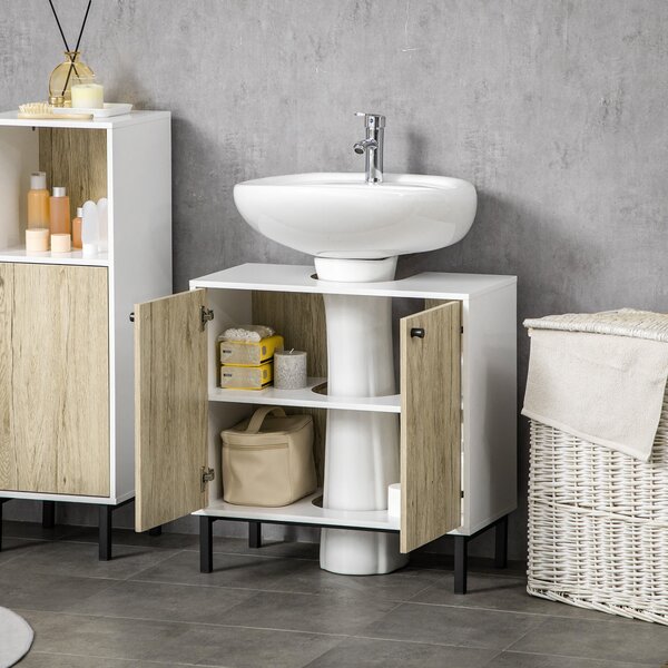 Kleankin Skříňka pod umyvadlo pro moderní umyvadla s kovovými nohami a dvojitými dveřmi 60 x 30 x 60 cm - Bílá a dřevěná barva | Aosom