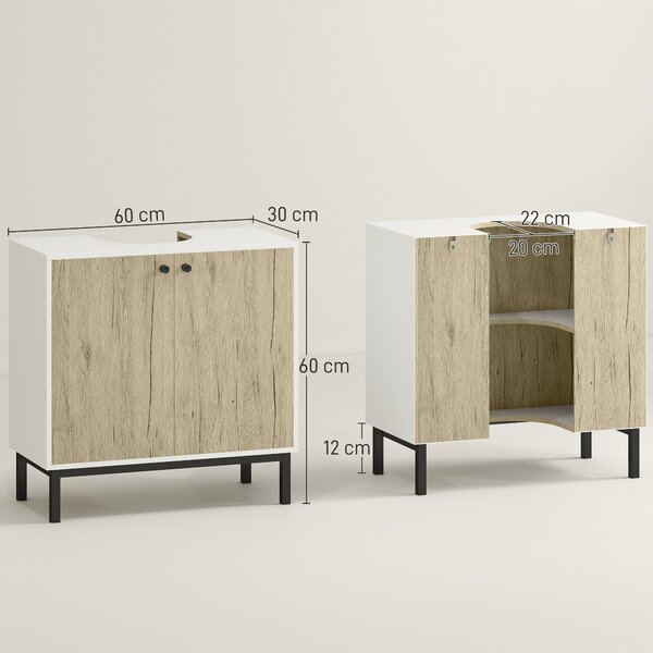 Kleankin Skříňka pod umyvadlo pro moderní umyvadla s kovovými nohami a dvojitými dveřmi 60 x 30 x 60 cm - Bílá a dřevěná barva | Aosom