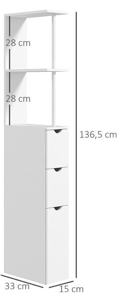 HOMCOM Koupelnová Sloupcová Skříň, Koupelnová Skříň s Šuplíky, Otevřené Police, Skříňka, 15 x 33 x 136,5 cm, Bílá | Aosom