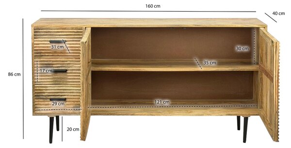 WOHNLING Komoda Mango Masivní dřevo 160 cm Komoda 2 dvířka a 3 zásuvky Skříň do předsíně Skříň do obývacího pokoje Kovové nohy Servírovací stolek Stojanová skříň Ruční výroba