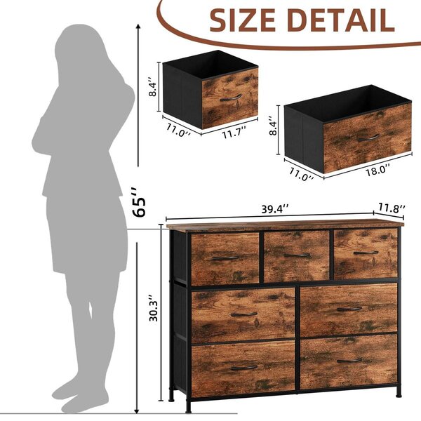 Komoda s látkovými zásuvkami - 7 zásuvek - Imitace dřeva - Šířka 100 cm