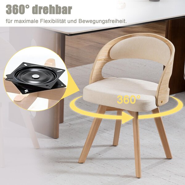LVHOM, sada 2 ks otočných jídelních židlí (360°), čalouněné židle ve skandinávském stylu s bukovými nohami, ergonomické kuchyňské židle, béžové