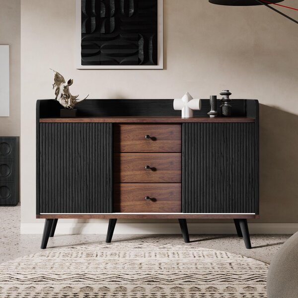Příborník Sweiko se třemi zásuvkami, nádherná zrnitost. Příborník do ložnice a obývacího pokoje, moderní příborník v barvě dřeva s úložnými policemi. V80/L117,5/D40 cm