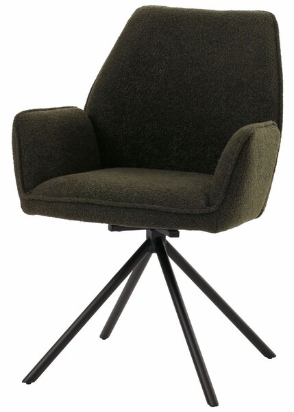 Jídelní židle HWC-G67, područky kuchyňské židle, otočná automatická poloha, látka/textil bouclé Oeko-Tex MVG olivově zelená