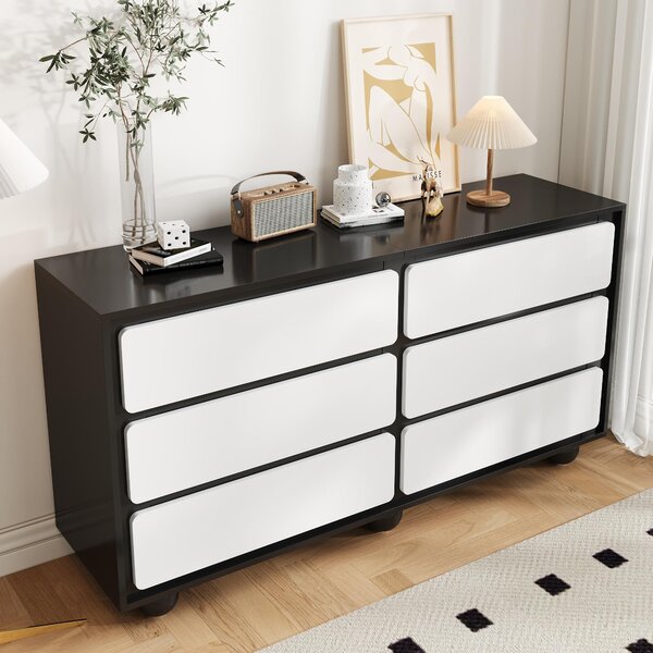 Příborník Sweiko, stylová komoda se šesti zásuvkami - toaletní stolek v moderním designu, praktická funkce.140×38×74,5 cm