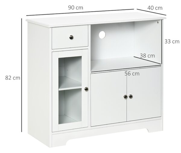 HOMCOM Mikrovlnná Skříň, Kuchyňský Bufet, Úložná Skříň pro Kuchyni, Jídelnu 90 x 40 x 82 cm S Skleněnými Dveřmi a Dřevem, Bílá | Aosom