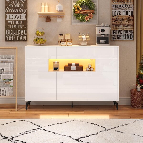Sweiko 140x30x94cm obývací příborník, se 3 zásuvkami a 5 skříňkami, komoda ve vysokém lesku s LED světelným páskem, skříňka s 5 kovovými nožkami, šířka 140 cm, MDF, bílá barva