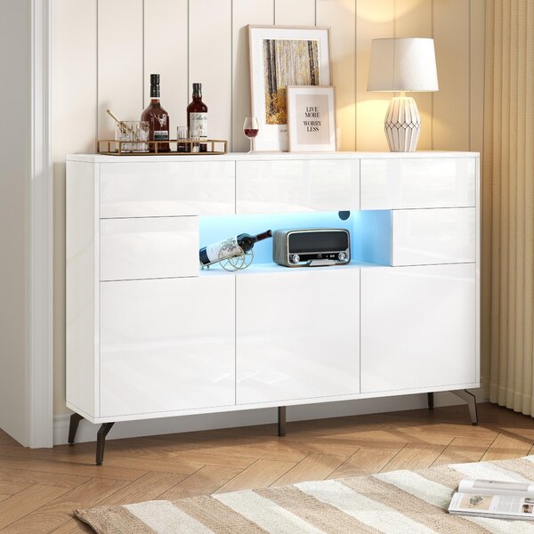 Sweiko 140x30x94cm obývací příborník, se 3 zásuvkami a 5 skříňkami, komoda ve vysokém lesku s LED světelným páskem, skříňka s 5 kovovými nožkami, šířka 140 cm, MDF, bílá barva