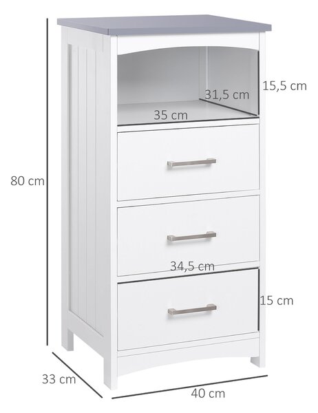 Kleankin Volně stojící koupelnová skříňka se 3 zásuvkami a 1 otevřenou přihrádkou - 40 x 33 x 80 cm - Bílá | Aosom