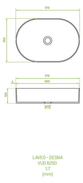 Laveo Desna umyvadlo 50x35 cm oválné na pult bílá lesk VUD6250