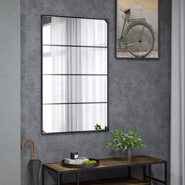 HOMCOM Obdélníkové zrcadlo s industriálním stylem a mřížkovým vzorem, horizontální nebo vertikální, s 4 háčky, černý kov - 109 x 69 cm | Aosom
