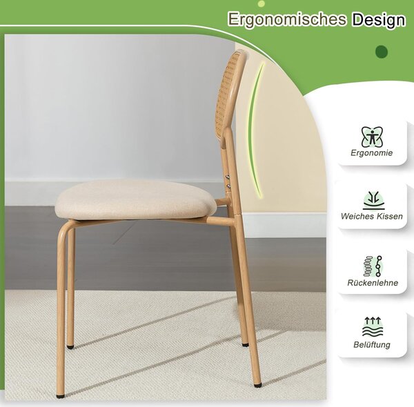 Jídelní židle, 2 kusy, ratanová židle s ratanovým opěradlem a kovovými nohami, moderní kuchyňská židle, do jídelny, obývacího pokoje, ložnice, barva dřeva